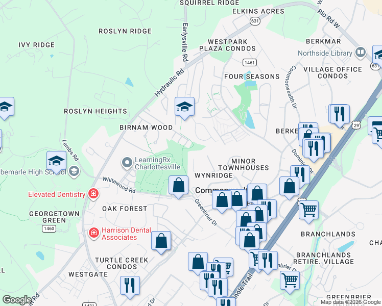 map of restaurants, bars, coffee shops, grocery stores, and more near 1818 Webland View in Charlottesville