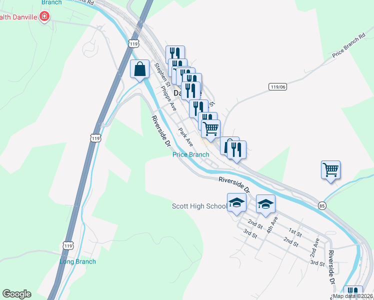 map of restaurants, bars, coffee shops, grocery stores, and more near in Danville