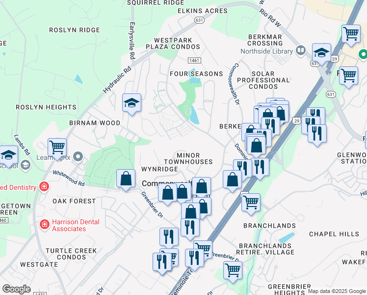 map of restaurants, bars, coffee shops, grocery stores, and more near 434 Wynridge Drive in Charlottesville