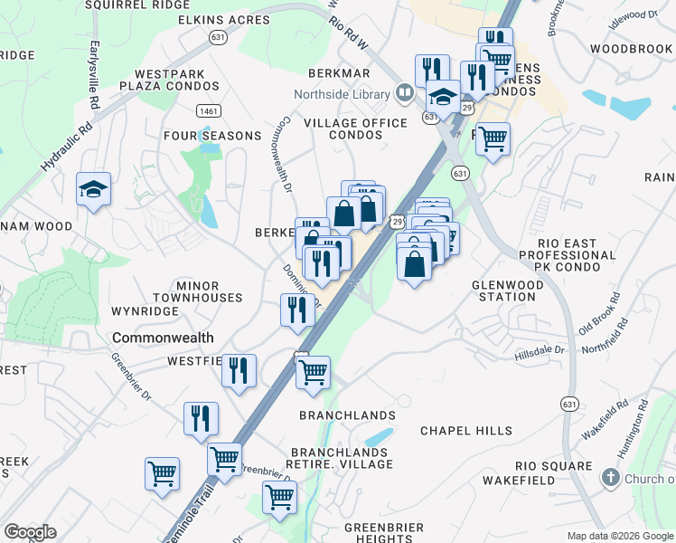 map of restaurants, bars, coffee shops, grocery stores, and more near 230 Shoppers World Court in Charlottesville