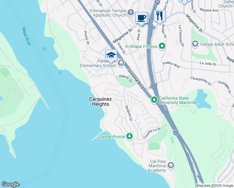 map of restaurants, bars, coffee shops, grocery stores, and more near 230 Sea Crest Circle in Vallejo