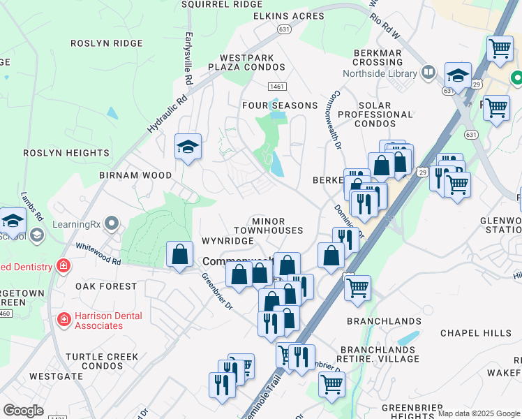 map of restaurants, bars, coffee shops, grocery stores, and more near 434 Wynridge Drive in Charlottesville