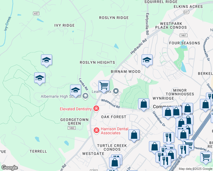 map of restaurants, bars, coffee shops, grocery stores, and more near 2820-2826 County Road 743 in Charlottesville
