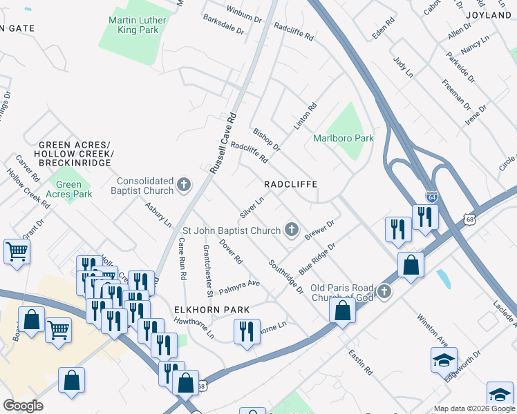 map of restaurants, bars, coffee shops, grocery stores, and more near 1736 Silver Lane in Lexington
