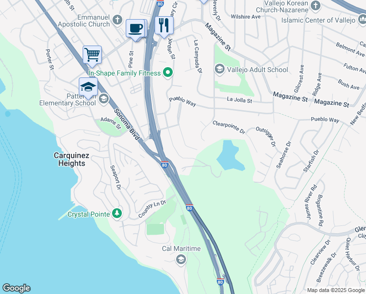 map of restaurants, bars, coffee shops, grocery stores, and more near 110 Navone Street in Vallejo