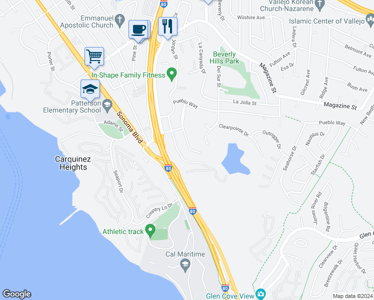 map of restaurants, bars, coffee shops, grocery stores, and more near 110 Navone Street in Vallejo