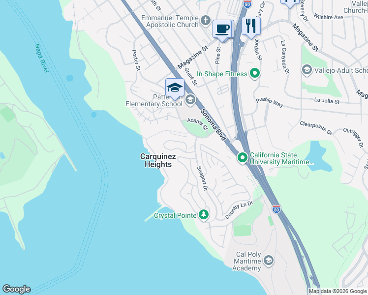 map of restaurants, bars, coffee shops, grocery stores, and more near 230 Sea Crest Circle in Vallejo
