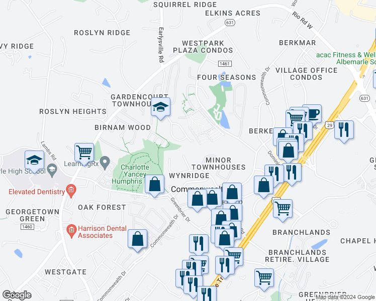 map of restaurants, bars, coffee shops, grocery stores, and more near 1507 Westfield Court in Charlottesville