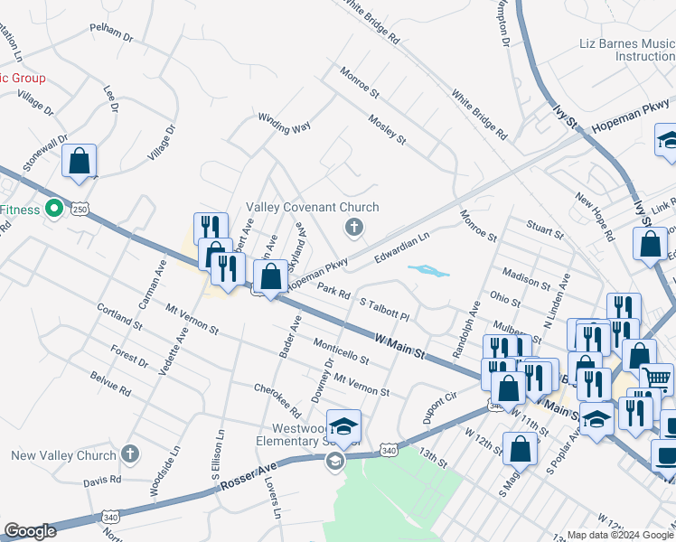 map of restaurants, bars, coffee shops, grocery stores, and more near 656 Edwardian Lane in Waynesboro