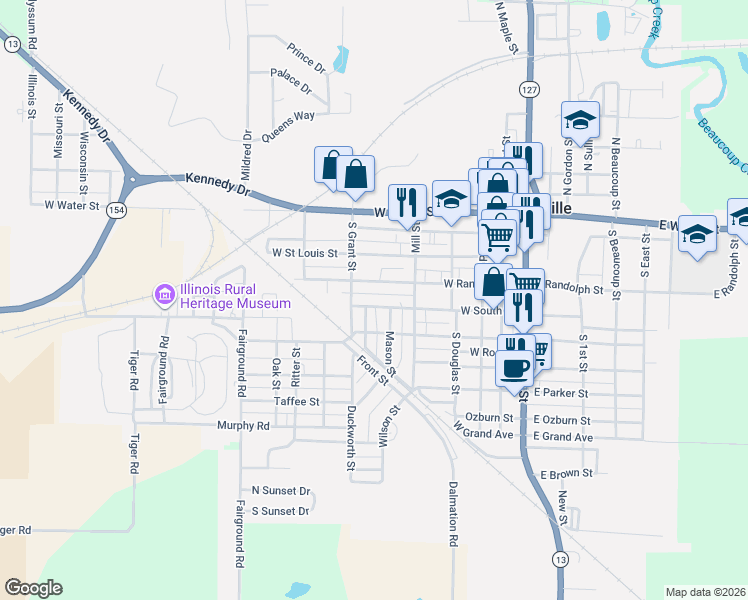 map of restaurants, bars, coffee shops, grocery stores, and more near 506 West Randolph Street in Pinckneyville
