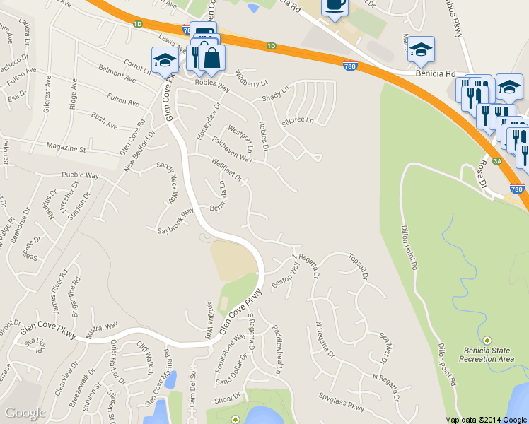 map of restaurants, bars, coffee shops, grocery stores, and more near 148 Winter Harbor Place in Vallejo