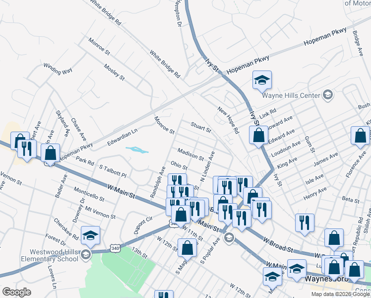 map of restaurants, bars, coffee shops, grocery stores, and more near 1613 Madison Street in Waynesboro