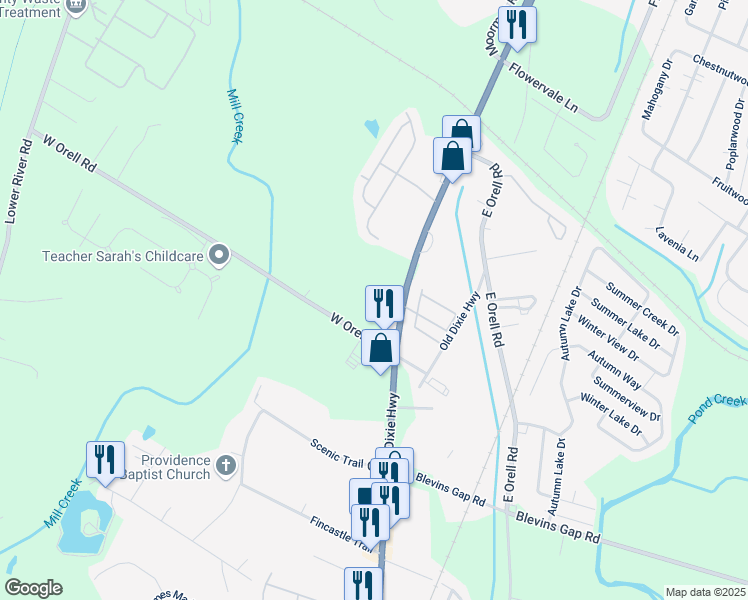 map of restaurants, bars, coffee shops, grocery stores, and more near 12306 Glengrove Circle in Louisville