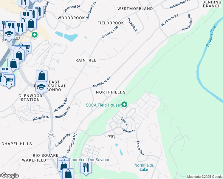 map of restaurants, bars, coffee shops, grocery stores, and more near 2605 Huntington Road in Charlottesville