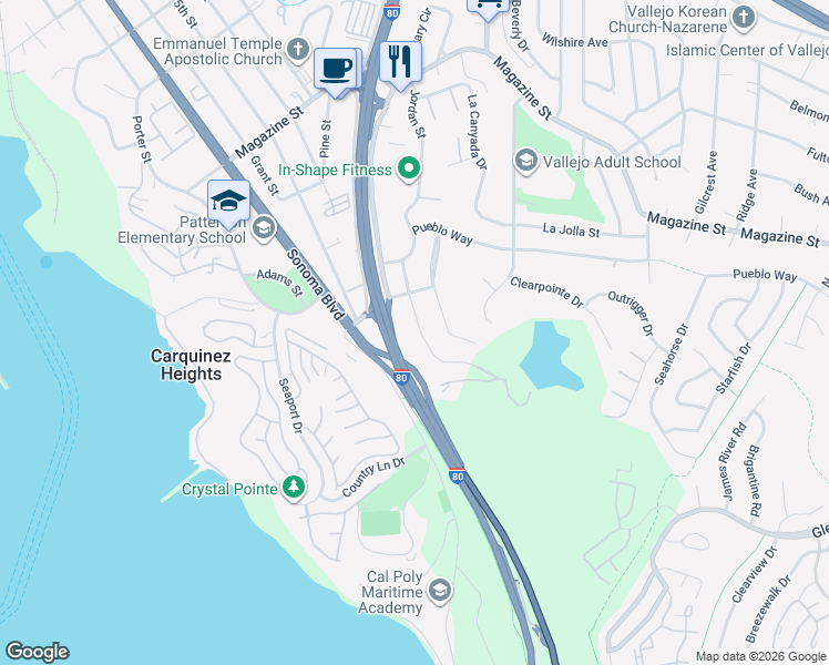 map of restaurants, bars, coffee shops, grocery stores, and more near 158 Jordan Street in Vallejo