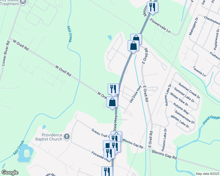 map of restaurants, bars, coffee shops, grocery stores, and more near 6605 West Orell Road in Louisville