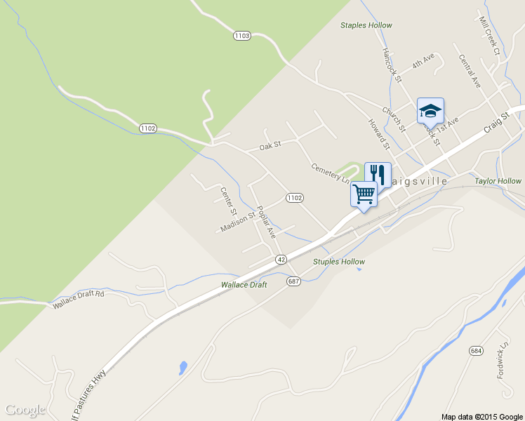 map of restaurants, bars, coffee shops, grocery stores, and more near 298 Madison Street in Craigsville