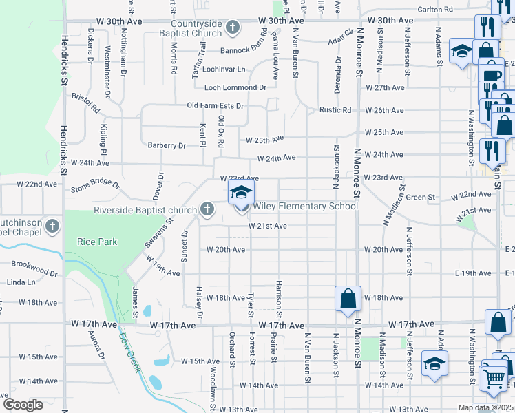 map of restaurants, bars, coffee shops, grocery stores, and more near in Hutchinson