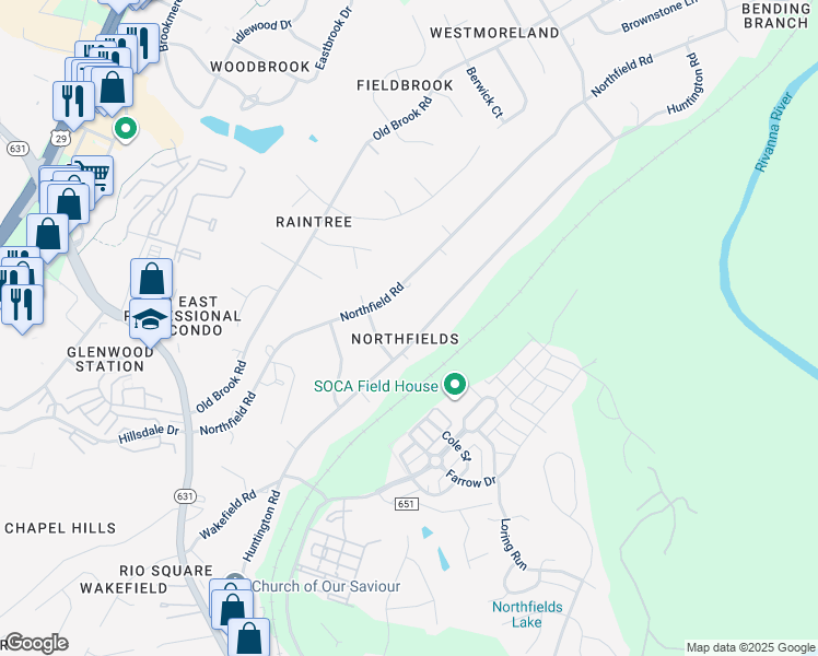 map of restaurants, bars, coffee shops, grocery stores, and more near 2605 Huntington Road in Charlottesville