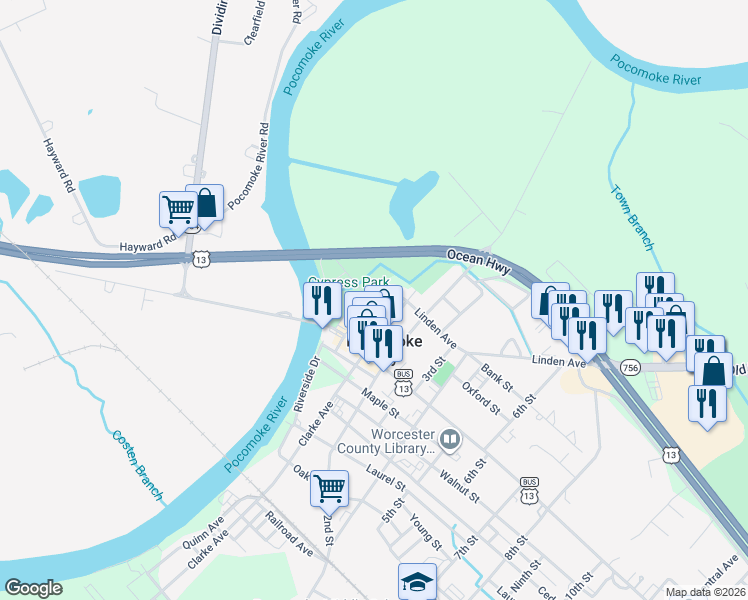 map of restaurants, bars, coffee shops, grocery stores, and more near 14 Front Street in Pocomoke City