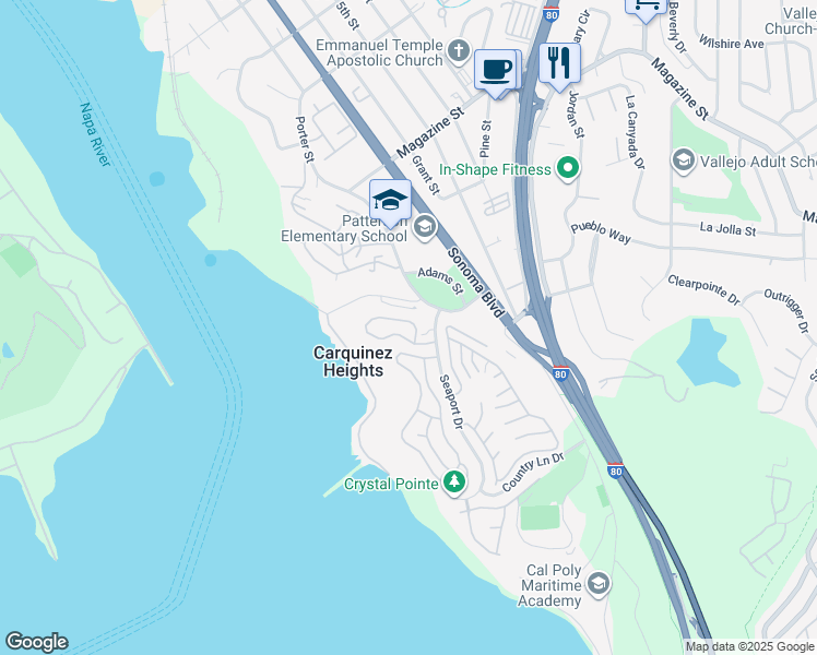map of restaurants, bars, coffee shops, grocery stores, and more near 219 Sea Crest Circle in Vallejo