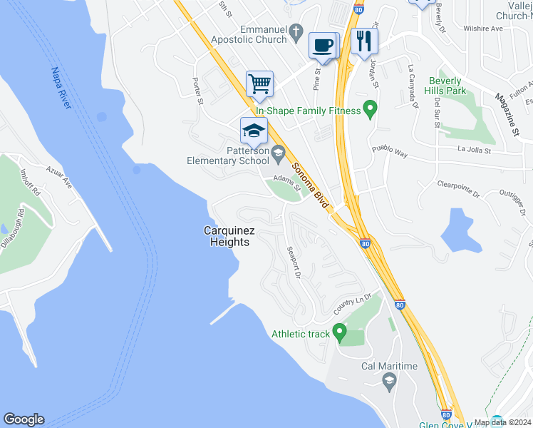 map of restaurants, bars, coffee shops, grocery stores, and more near 219 Sea Crest Circle in Vallejo
