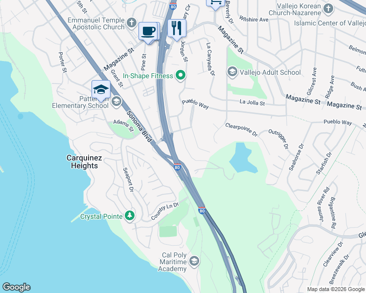 map of restaurants, bars, coffee shops, grocery stores, and more near 156 Jordan Street in Vallejo