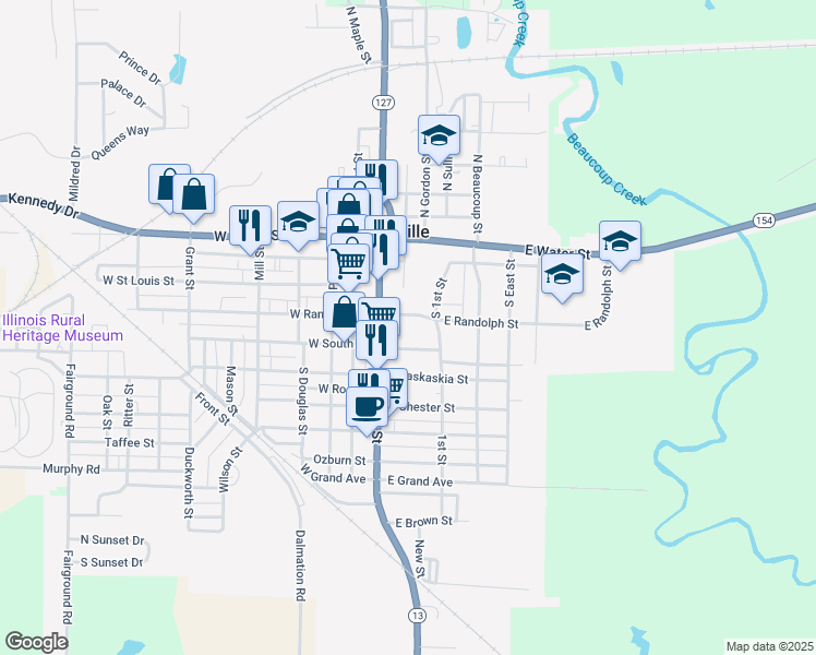 map of restaurants, bars, coffee shops, grocery stores, and more near 102 East Randolph Street in Pinckneyville
