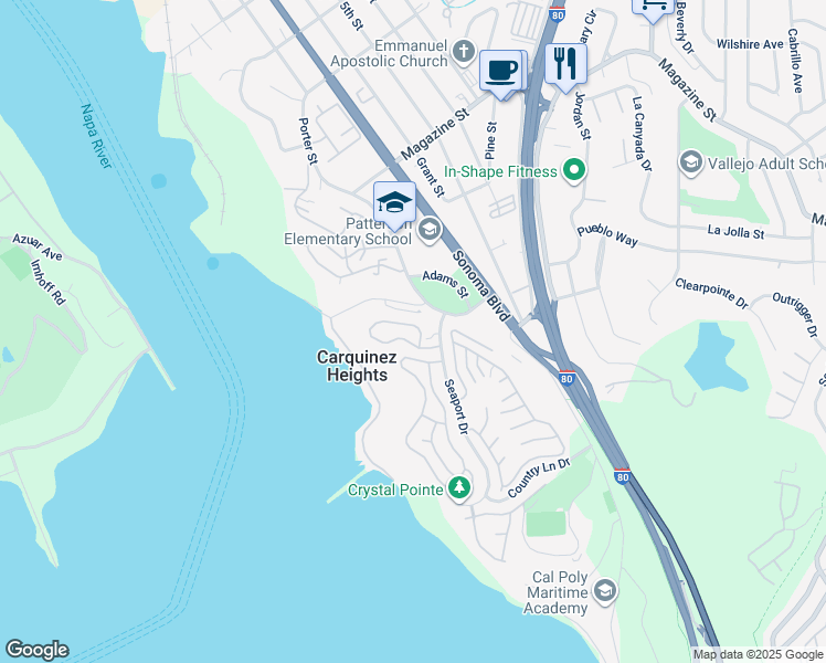 map of restaurants, bars, coffee shops, grocery stores, and more near 219 Sea Crest Circle in Vallejo