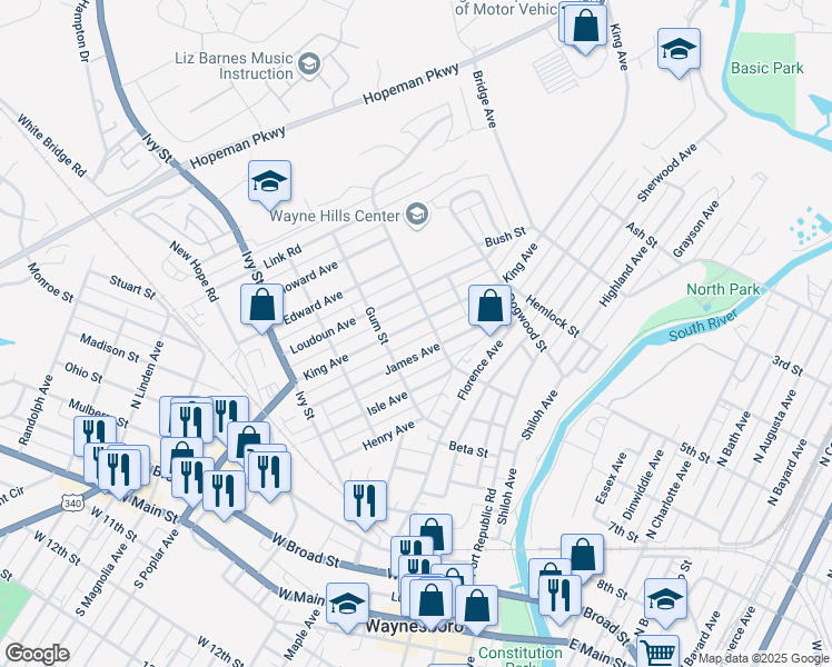 map of restaurants, bars, coffee shops, grocery stores, and more near 326 King Ave in Waynesboro