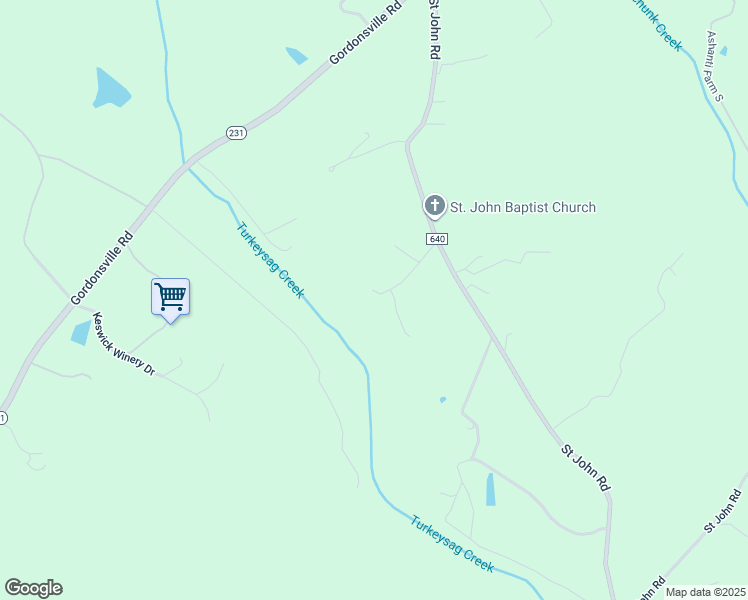 map of restaurants, bars, coffee shops, grocery stores, and more near 1570 Saint John Road in Gordonsville