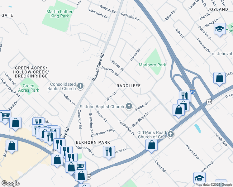 map of restaurants, bars, coffee shops, grocery stores, and more near 1736 Silver Lane in Lexington
