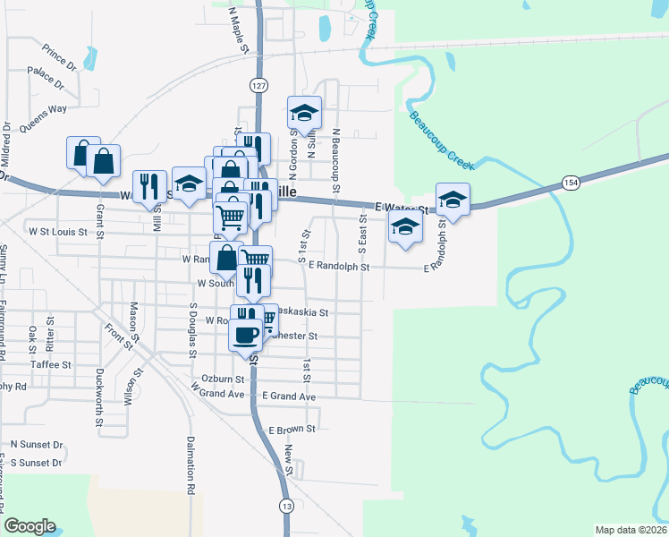 map of restaurants, bars, coffee shops, grocery stores, and more near 309 South Beaucoup Street in Pinckneyville