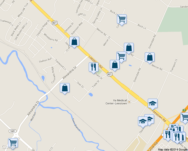 map of restaurants, bars, coffee shops, grocery stores, and more near 2408 Merchant Street in Lexington