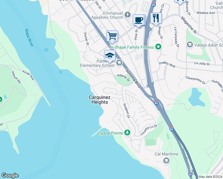 map of restaurants, bars, coffee shops, grocery stores, and more near 236 Sea Crest Circle in Vallejo