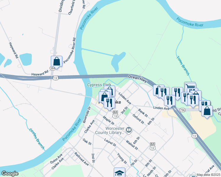 map of restaurants, bars, coffee shops, grocery stores, and more near 8 Front Street in Pocomoke City