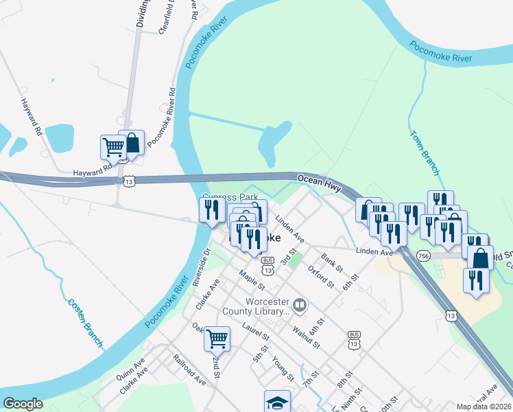 map of restaurants, bars, coffee shops, grocery stores, and more near 14 Front Street in Pocomoke City