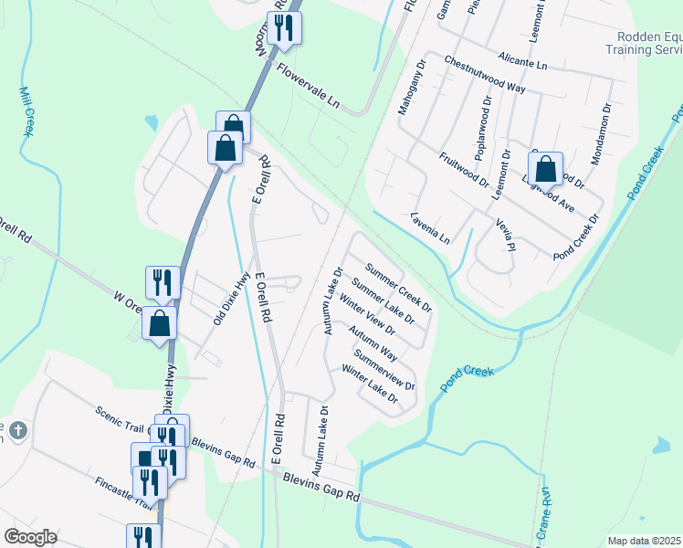 map of restaurants, bars, coffee shops, grocery stores, and more near 2411 Autumn Lake Drive in Louisville