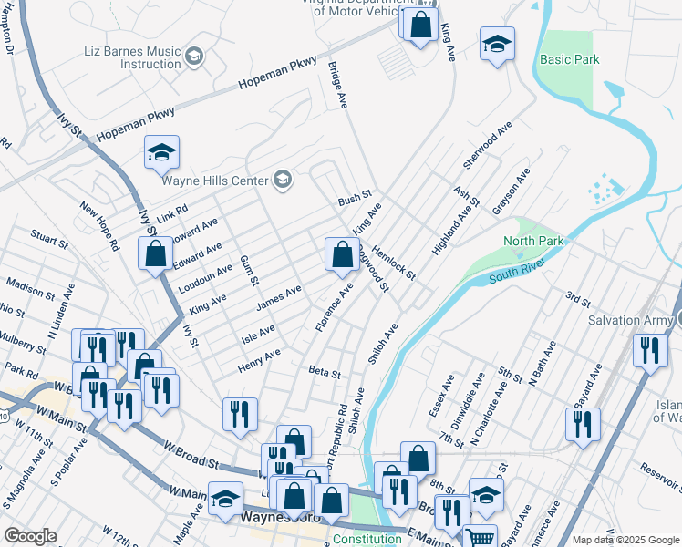 map of restaurants, bars, coffee shops, grocery stores, and more near 508 James Avenue in Waynesboro
