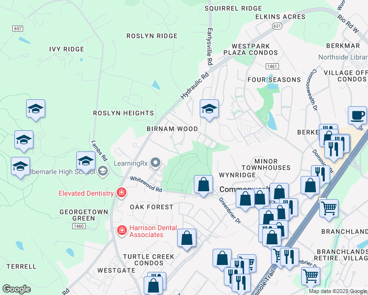 map of restaurants, bars, coffee shops, grocery stores, and more near 1509 Birnam Drive in Charlottesville