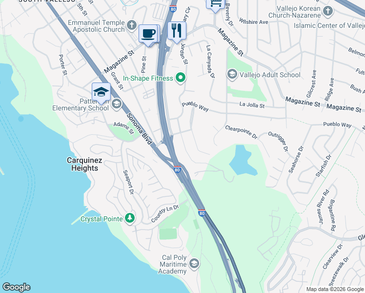 map of restaurants, bars, coffee shops, grocery stores, and more near 156 Jordan Street in Vallejo