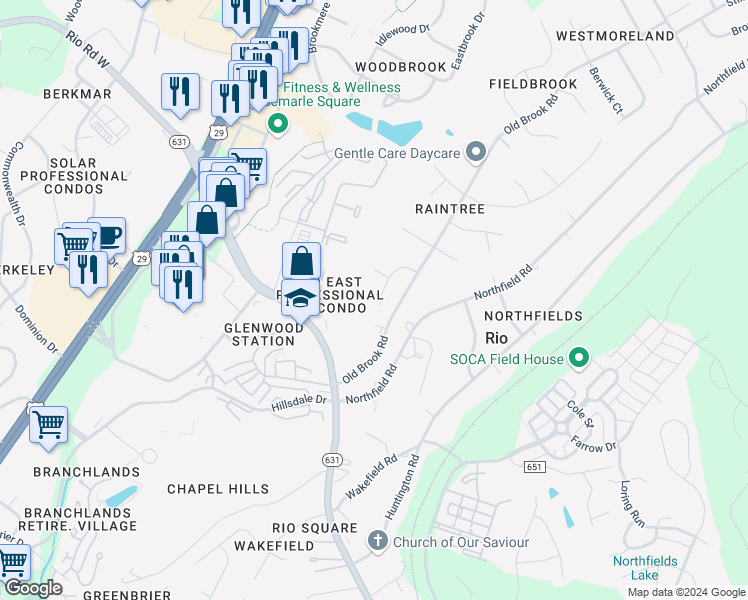 map of restaurants, bars, coffee shops, grocery stores, and more near 1492 Shadow Oaks Place in Charlottesville