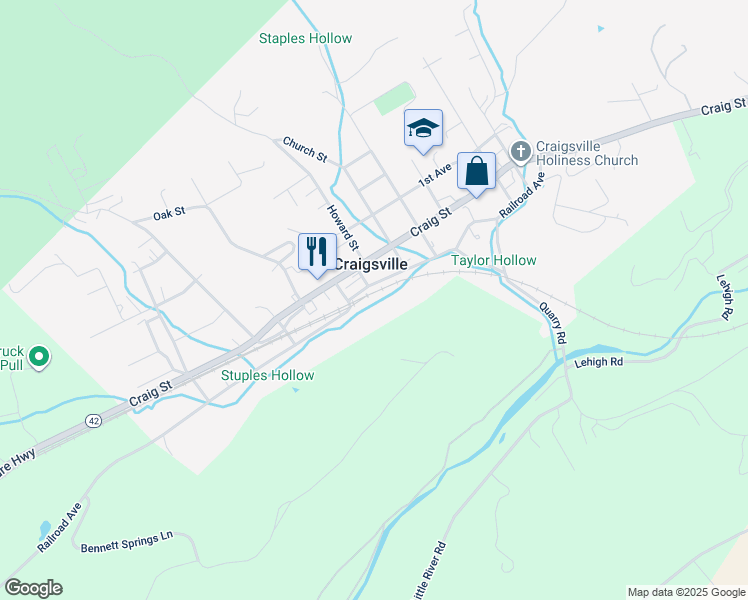 map of restaurants, bars, coffee shops, grocery stores, and more near 59 Railroad Avenue in Craigsville