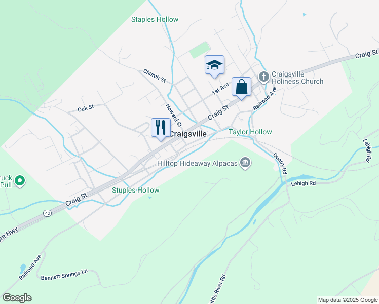 map of restaurants, bars, coffee shops, grocery stores, and more near 59 Railroad Avenue in Craigsville