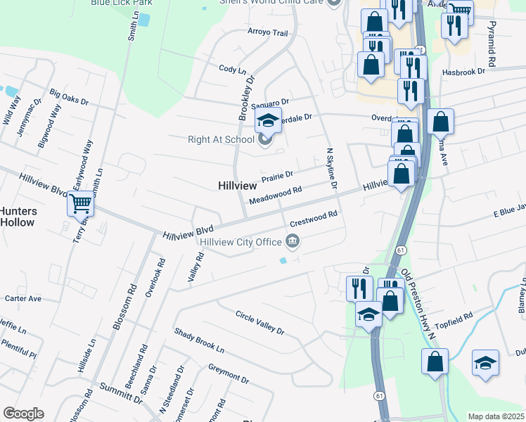 map of restaurants, bars, coffee shops, grocery stores, and more near 630 Hillview Boulevard in Louisville