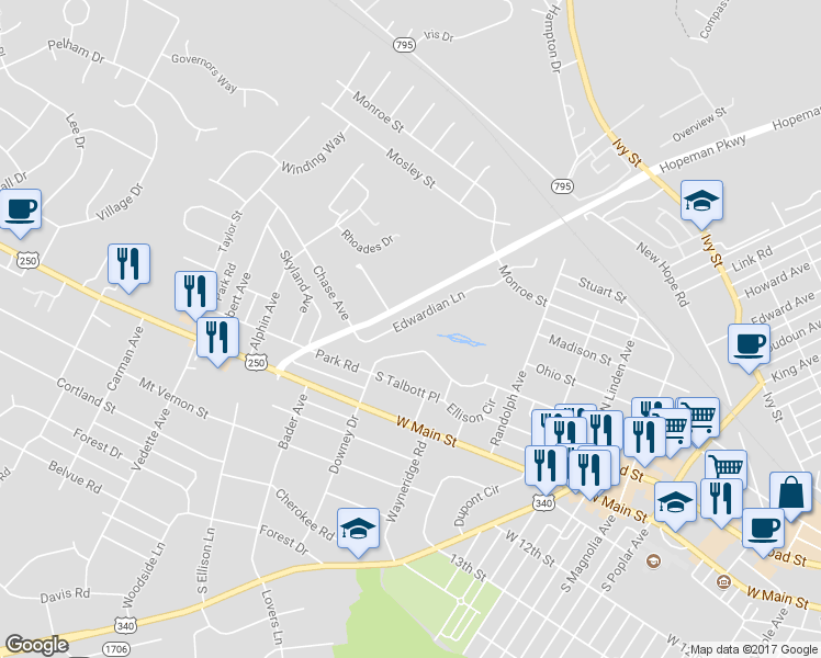 map of restaurants, bars, coffee shops, grocery stores, and more near 596 Edwardian Lane in Waynesboro
