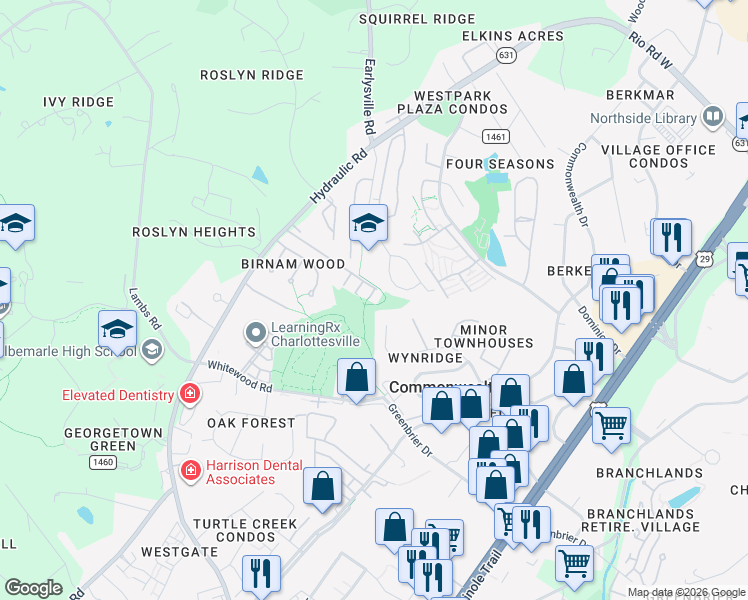 map of restaurants, bars, coffee shops, grocery stores, and more near 1818 Webland View in Charlottesville
