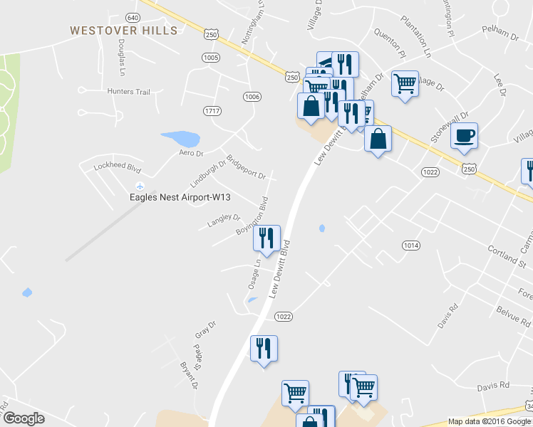 map of restaurants, bars, coffee shops, grocery stores, and more near 180 Boyington Boulevard in Waynesboro