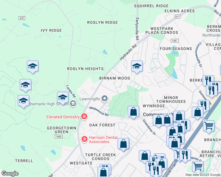 map of restaurants, bars, coffee shops, grocery stores, and more near 145 Woodgate Court in Charlottesville