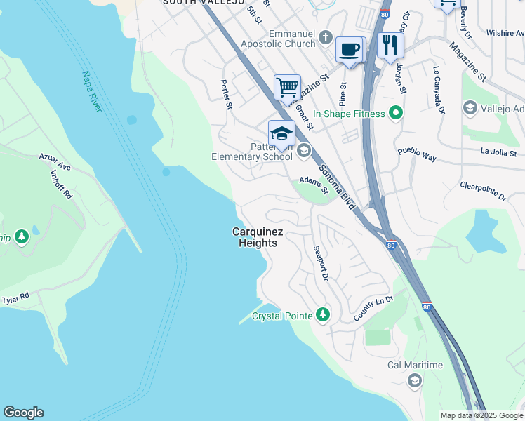 map of restaurants, bars, coffee shops, grocery stores, and more near 201 Sandy Beach Road in Vallejo